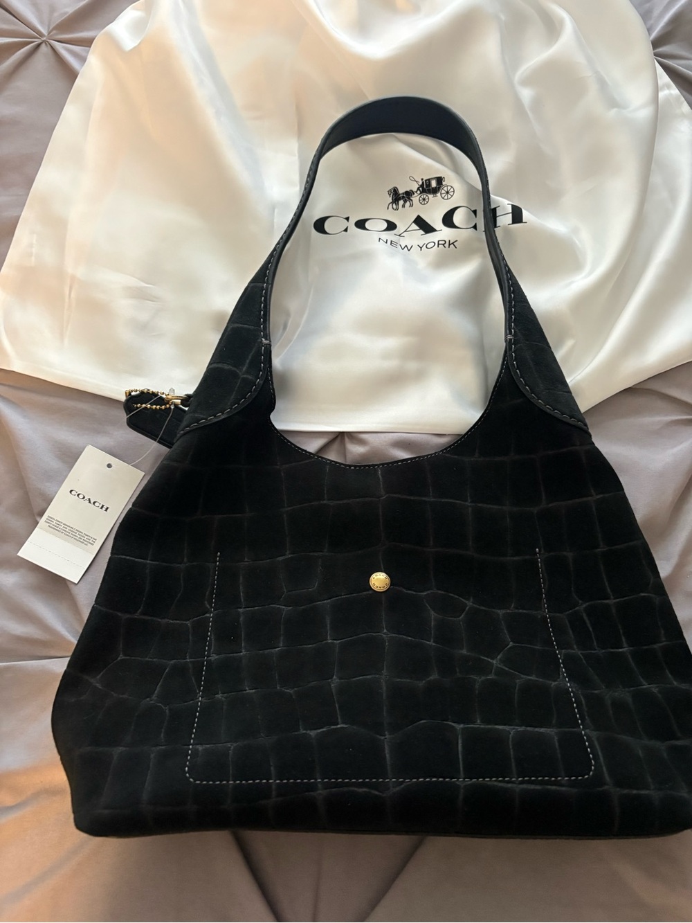 Coach Black Croc-Embossed Suede Hobo Bag 28 - Picture 4 of 5